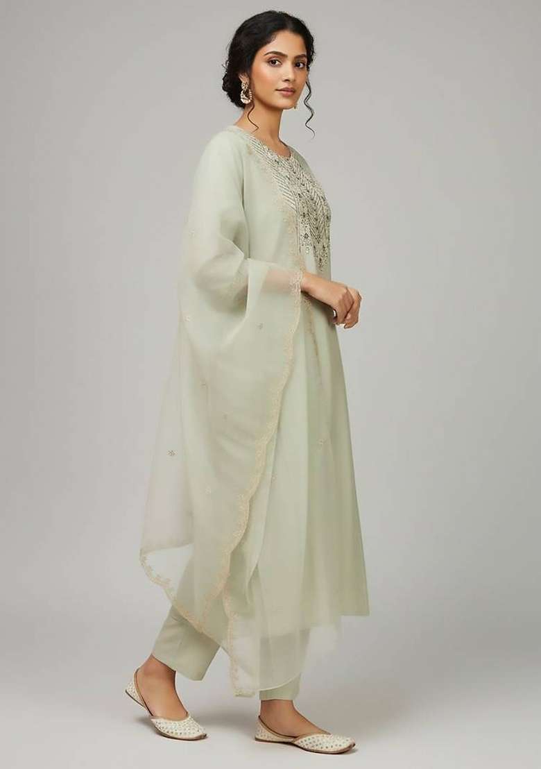 Sea Green Embroidery Cotton Kurta Set - Indya