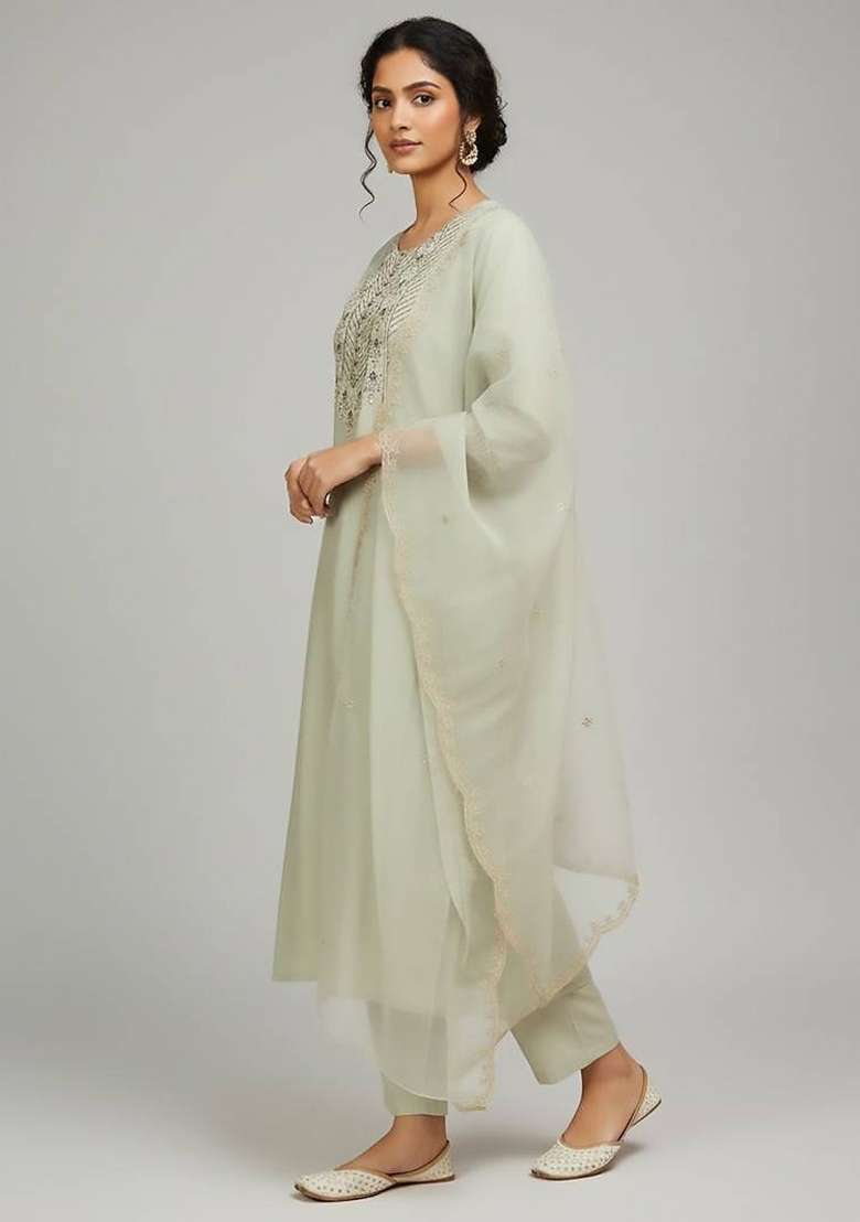 Sea Green Embroidery Cotton Kurta Set - Indya