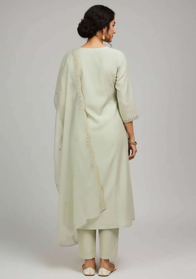 Sea Green Embroidery Cotton Kurta Set - Indya