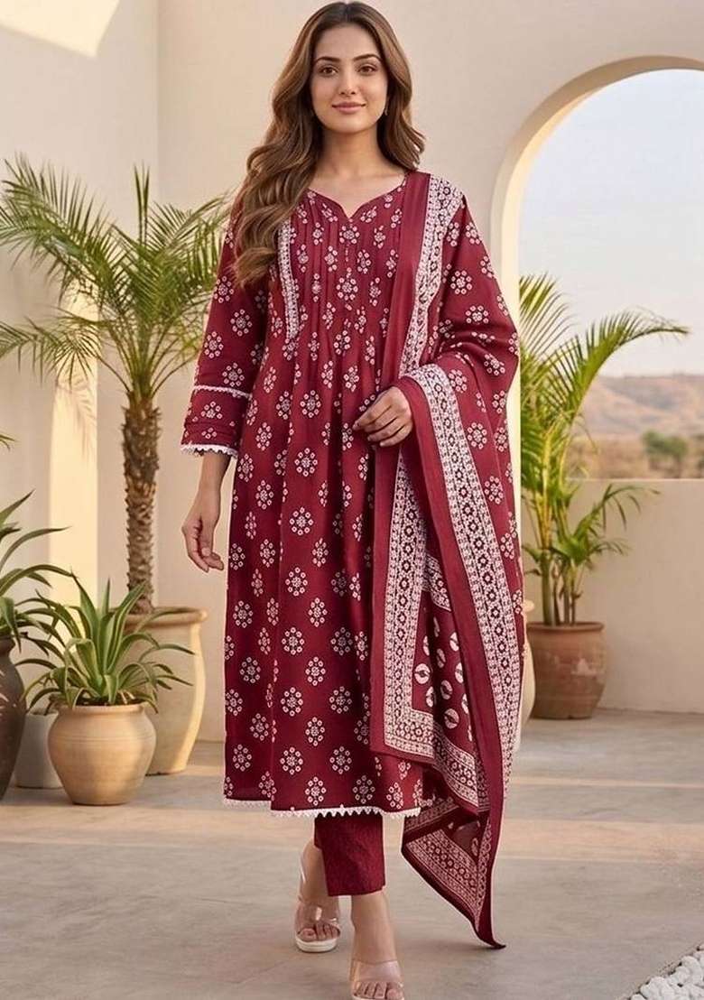 Maroon Printed Cotton Kurta Set - Indya