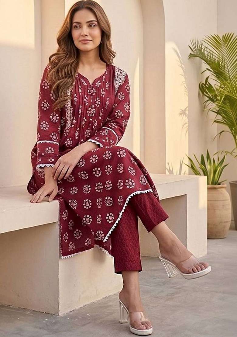 Maroon Printed Cotton Kurta Set - Indya