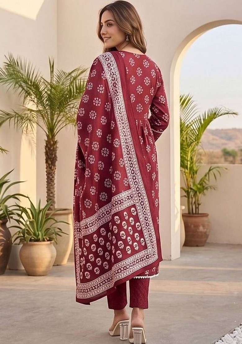 Maroon Printed Cotton Kurta Set - Indya