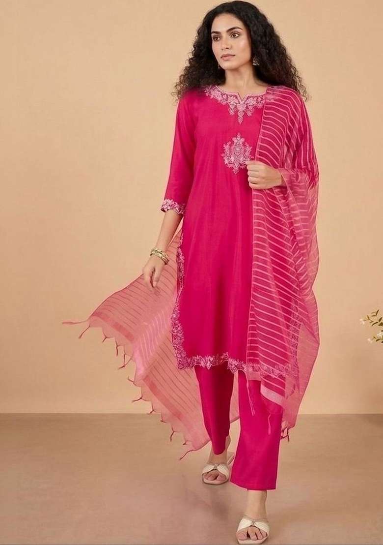 Pink Embroidery Silk Kurta Set - Indya