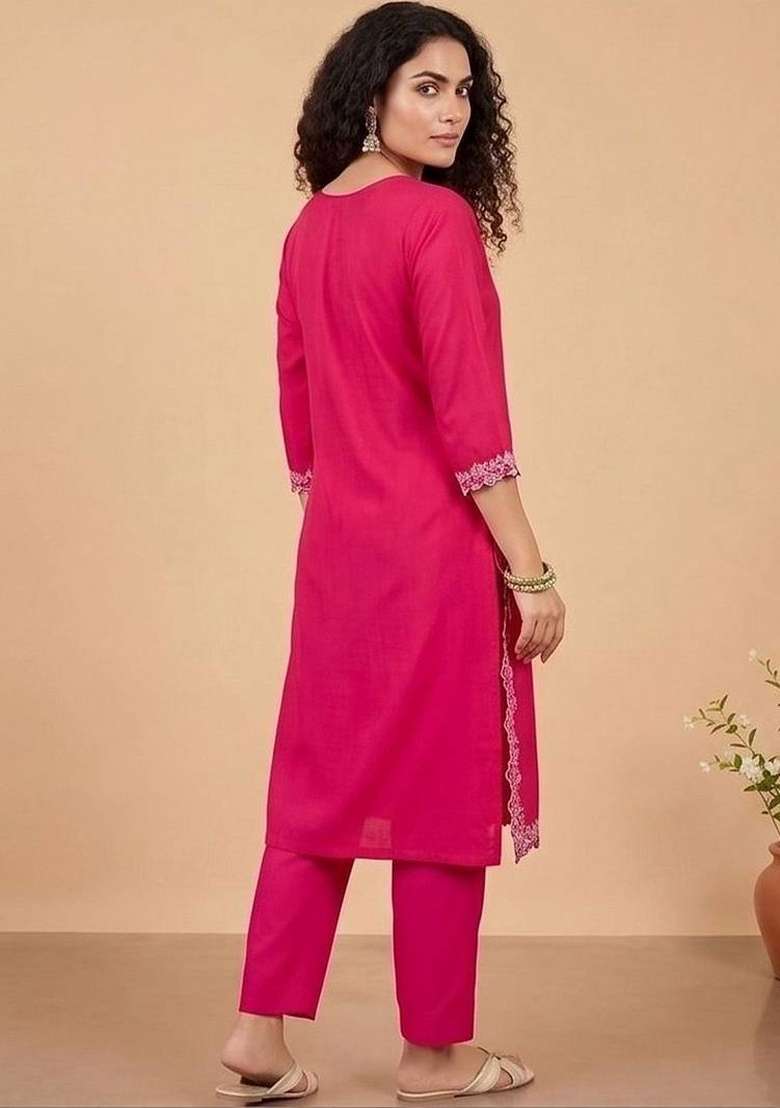 Pink Embroidery Silk Kurta Set - Indya