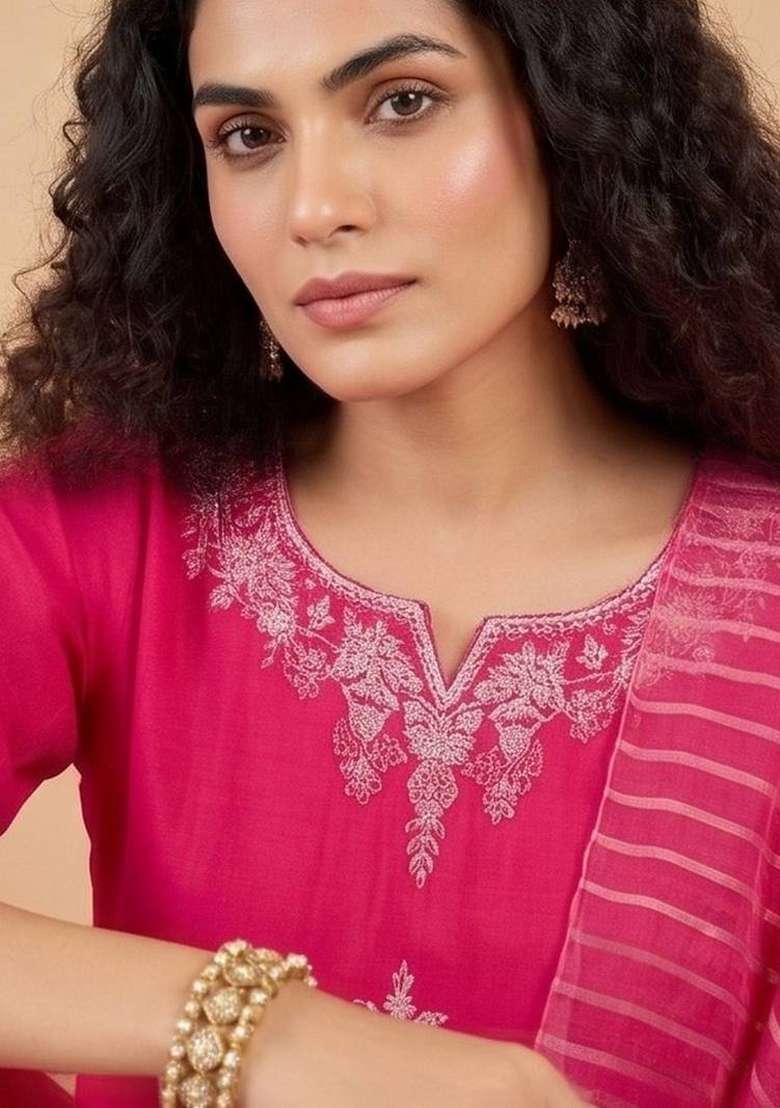 Pink Embroidery Silk Kurta Set - Indya