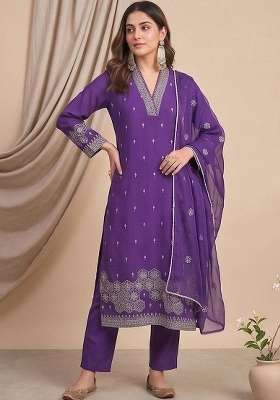 Purple Embroidery Silk Kurta Set