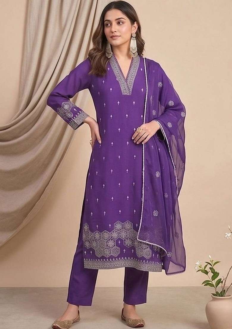 Purple Embroidery Silk Kurta Set - Indya