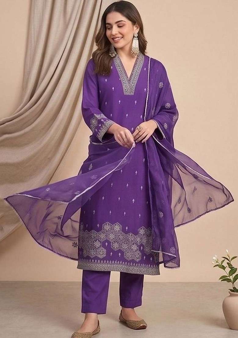 Purple Embroidery Silk Kurta Set - Indya