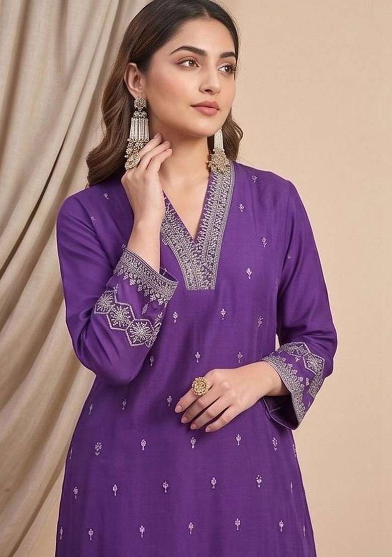 Purple Embroidery Silk Kurta Set - Indya