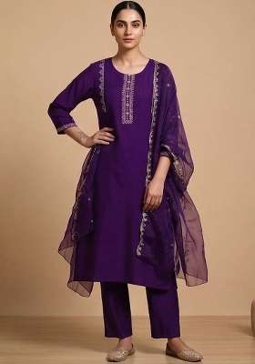 Purple Embroidery Cotton Kurta Set