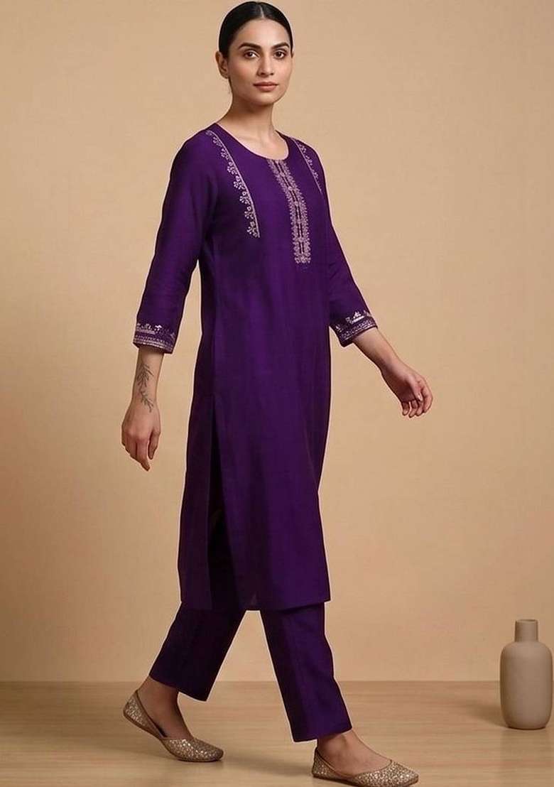 Purple Embroidery Cotton Kurta Set - Indya