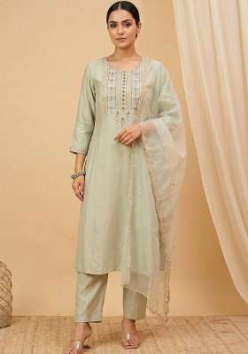 Sea Green Embroidery Cotton Kurta Set