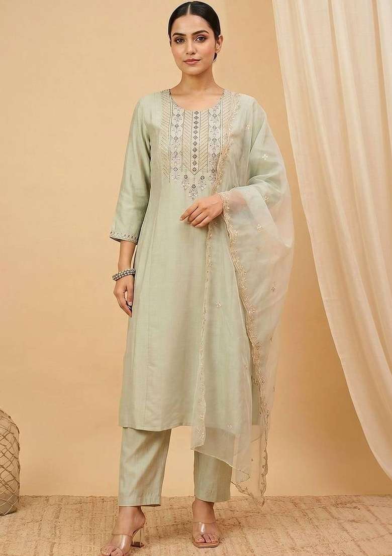 Sea Green Embroidery Cotton Kurta Set - Indya