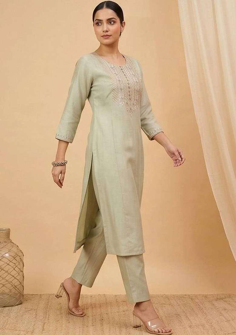 Sea Green Embroidery Cotton Kurta Set - Indya