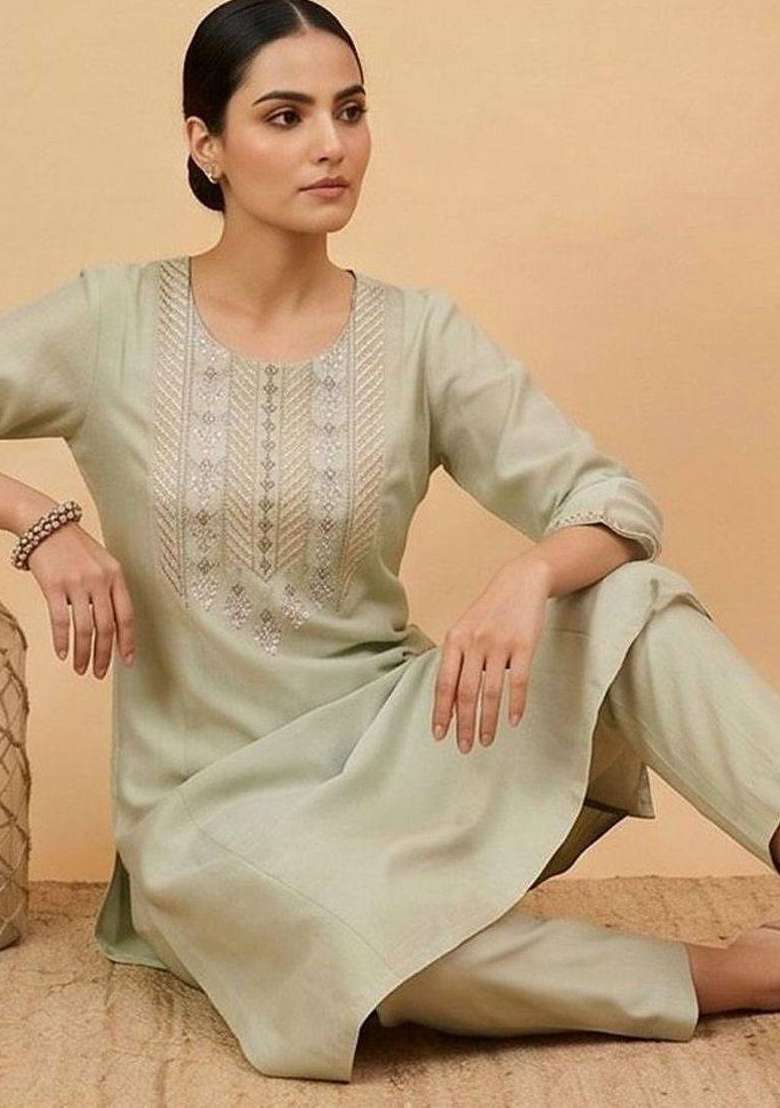 Sea Green Embroidery Cotton Kurta Set - Indya