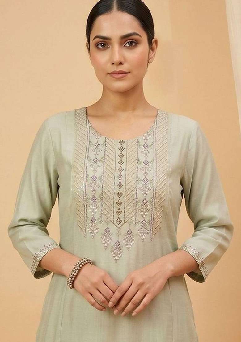Sea Green Embroidery Cotton Kurta Set - Indya