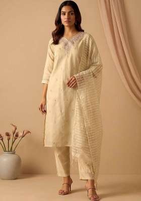 Cream Embroidery Silk Kurta Set