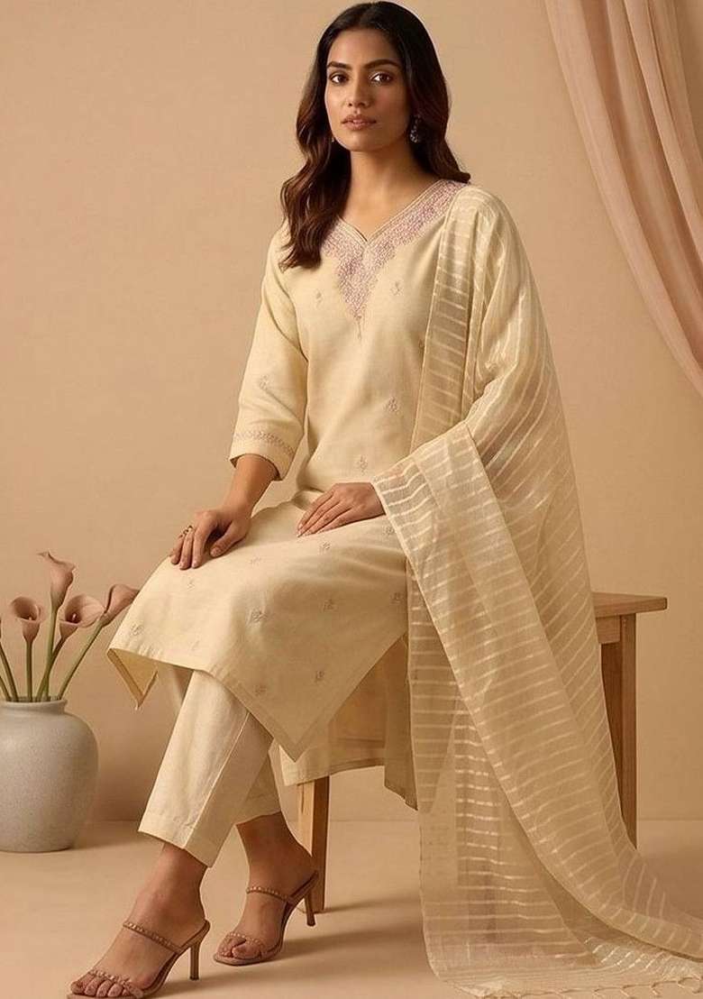 Cream Embroidery Silk Kurta Set - Indya