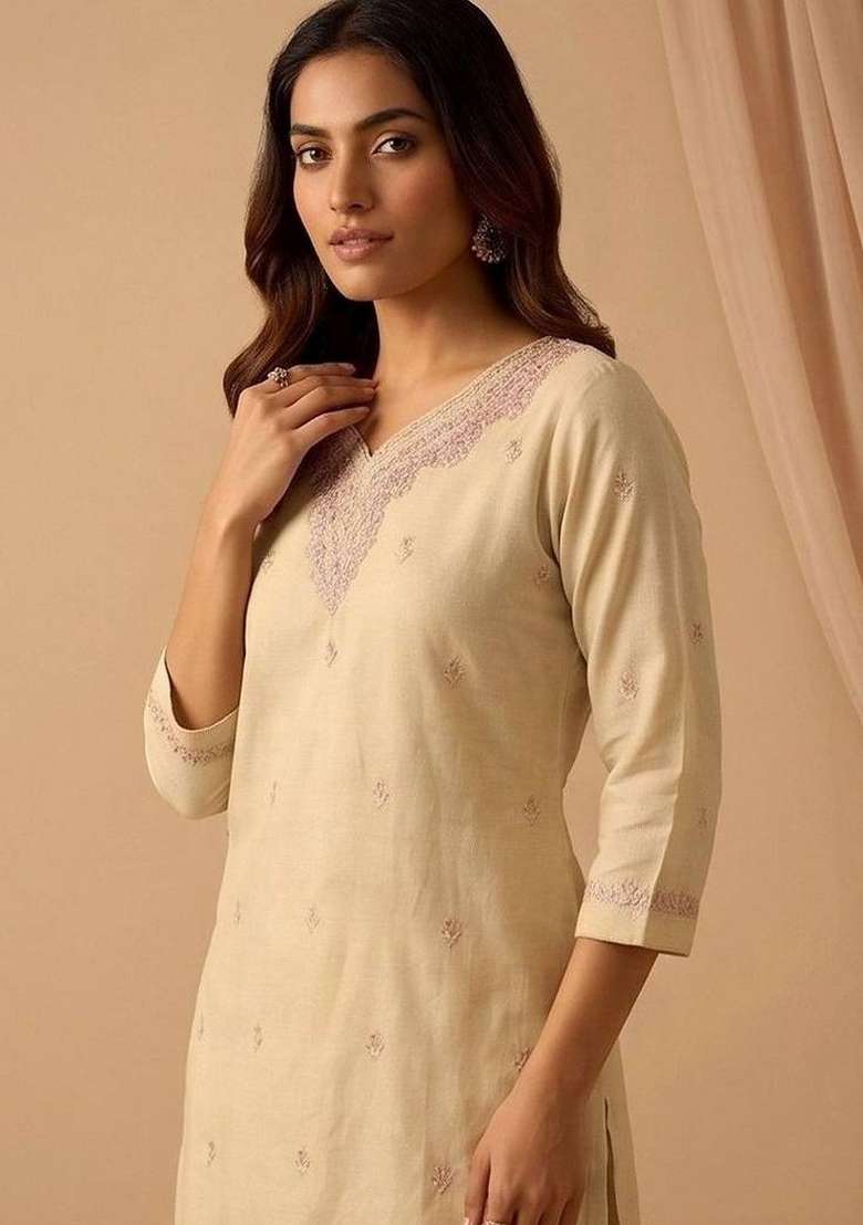 Cream Embroidery Silk Kurta Set - Indya