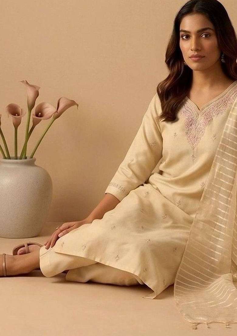 Cream Embroidery Silk Kurta Set - Indya