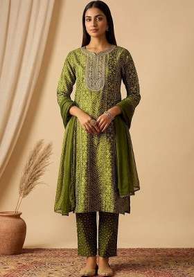 Green Printed Cotton Kurta Set