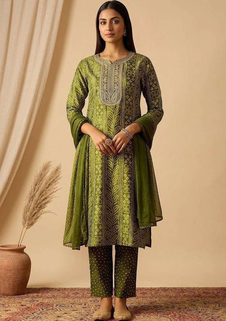 Green Printed Cotton Kurta Set - Indya