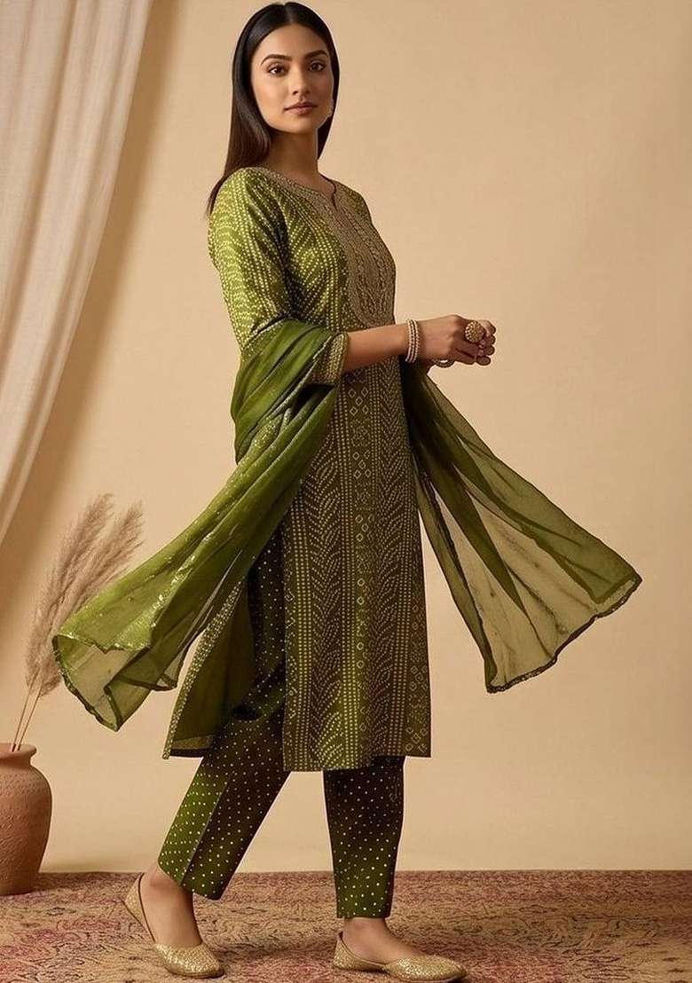 Green Printed Cotton Kurta Set - Indya