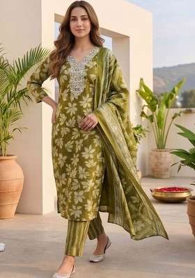 Olive Printed Cotton Kurta Set