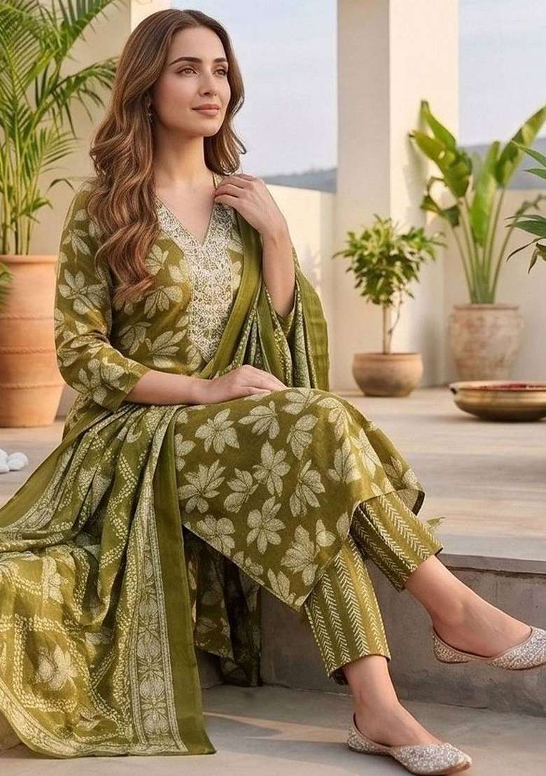 Olive Printed Cotton Kurta Set - Indya