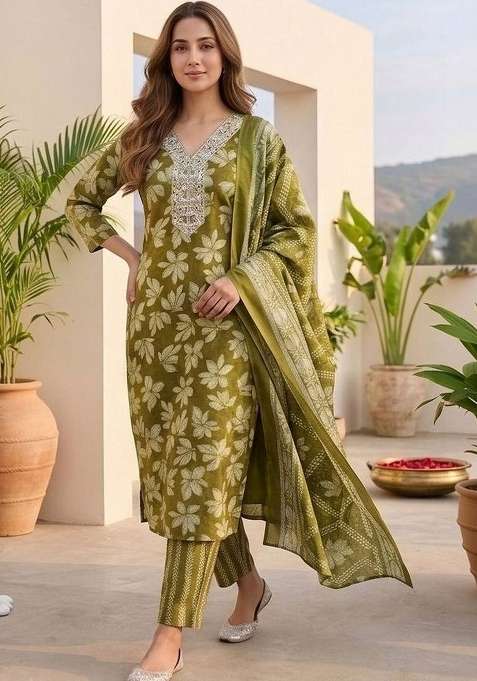 Olive Printed Cotton Kurta Set