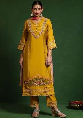 Mustard Embroidery Cotton Kurta Set