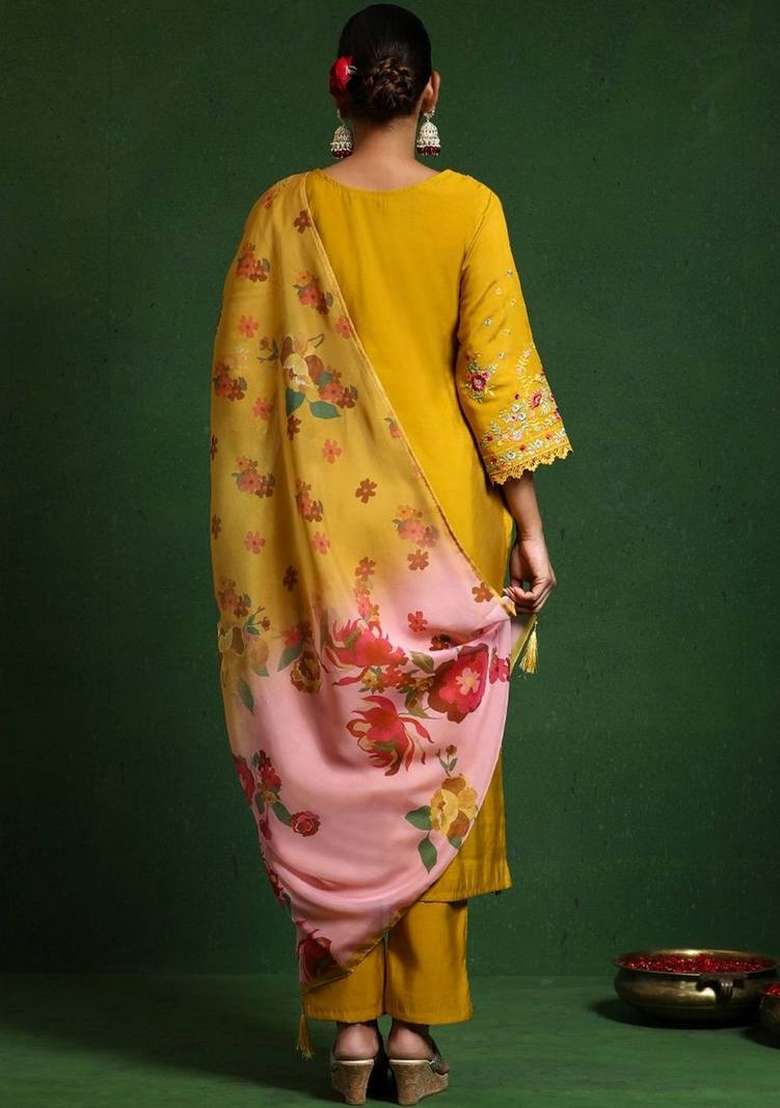 Mustard Embroidery Cotton Kurta Set - Indya