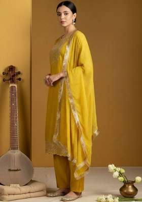Yellow Embroidery Silk Kurta Set