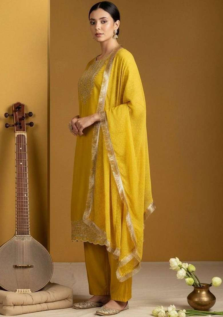 Yellow Embroidery Silk Kurta Set - Indya