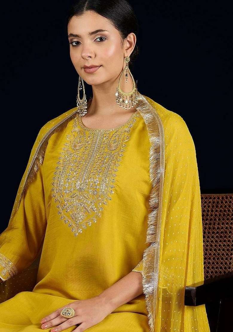 Yellow Embroidery Silk Kurta Set - Indya