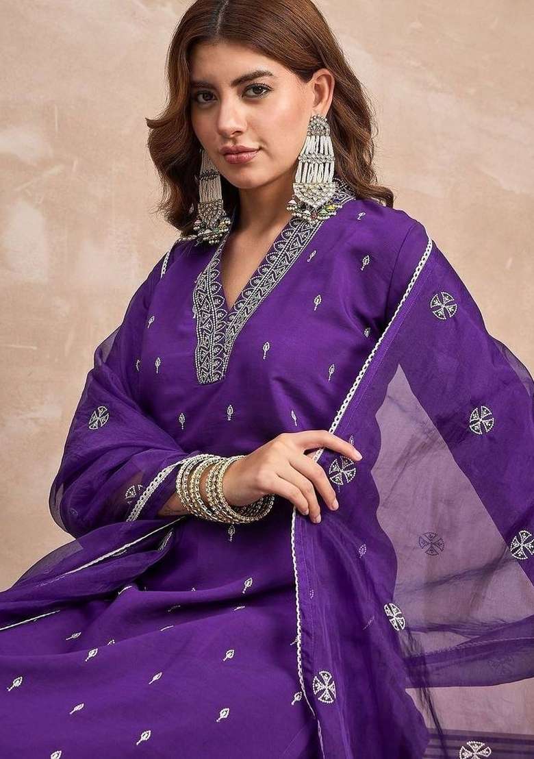 Purple Embroidery Silk Kurta Set - Indya