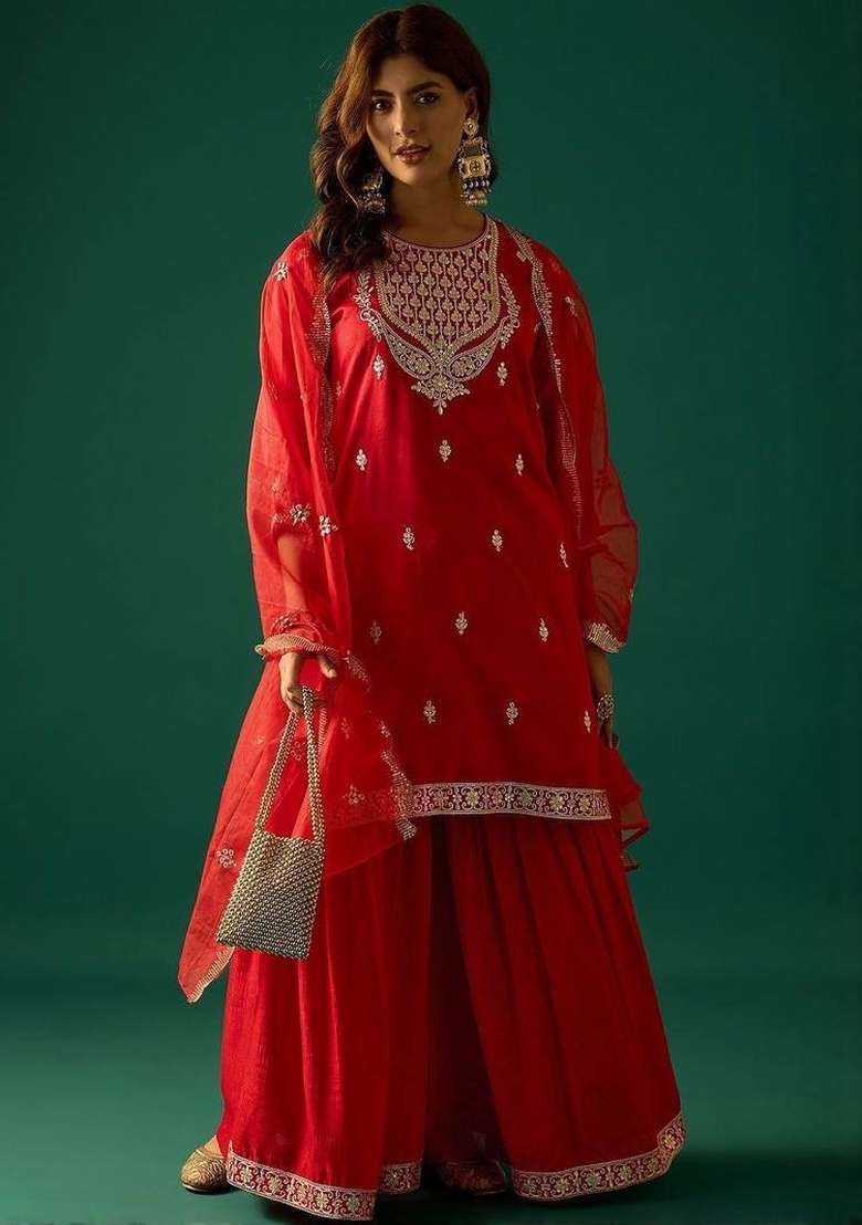 Red Embroidery Silk Sharara Set - Indya