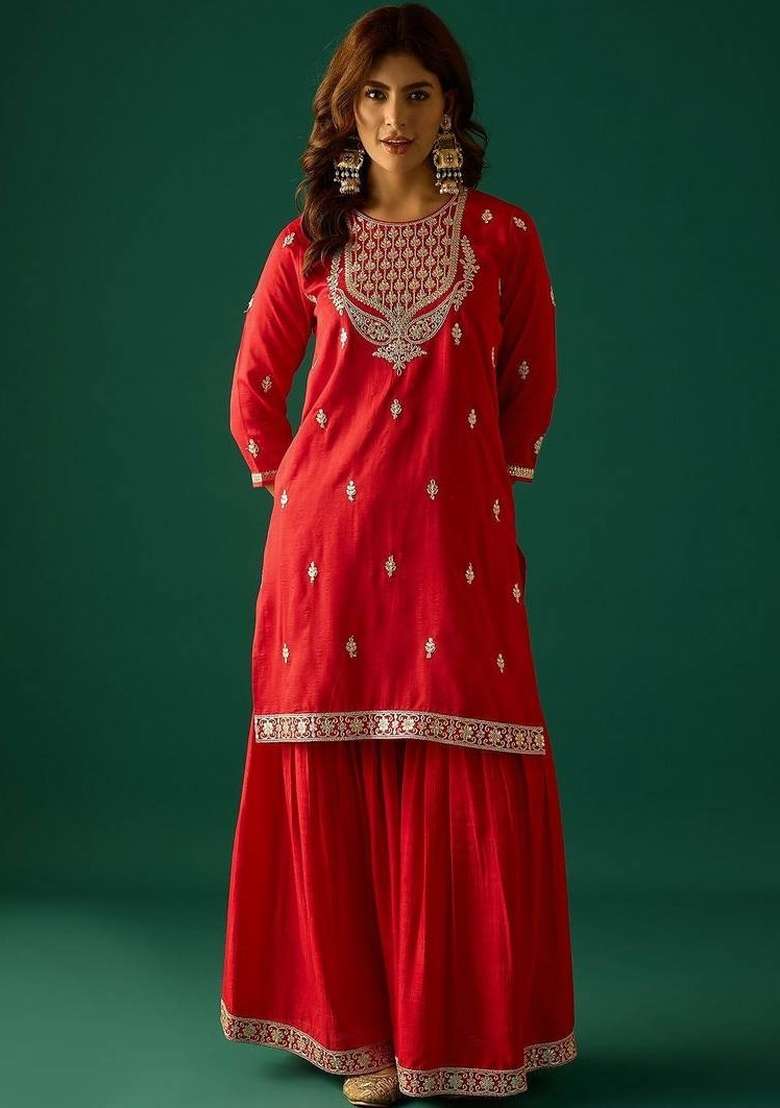 Red Embroidery Silk Sharara Set - Indya