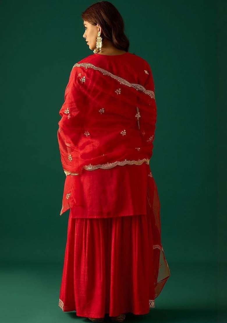 Red Embroidery Silk Sharara Set - Indya
