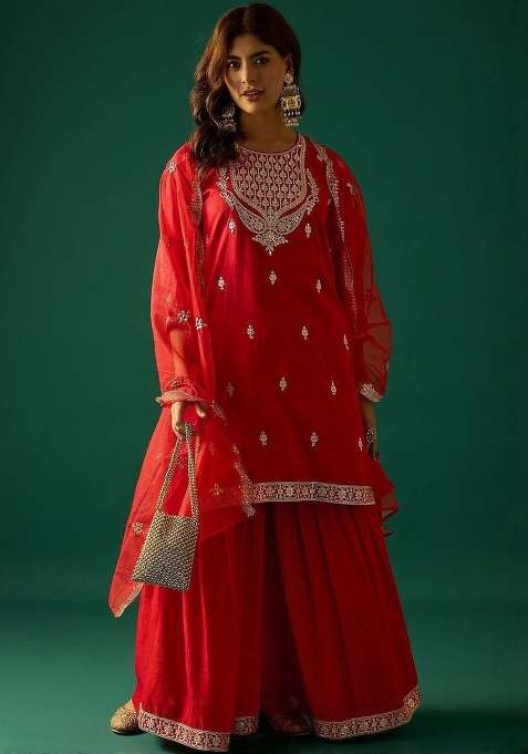 Red Embroidery Silk Sharara Set