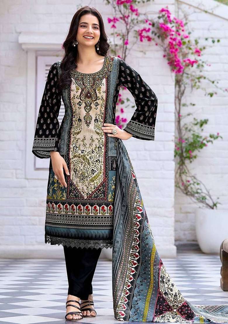 Black Printed Cotton Kurta Set - Indya