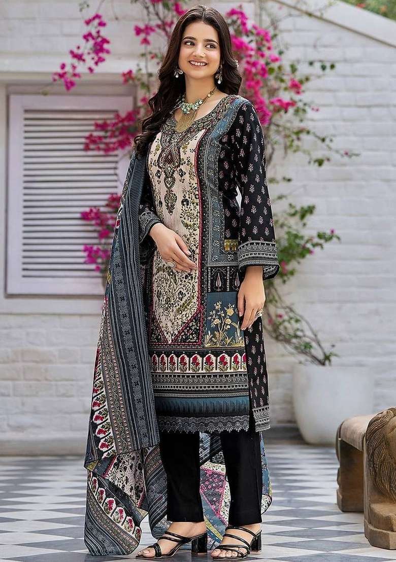 Black Printed Cotton Kurta Set - Indya