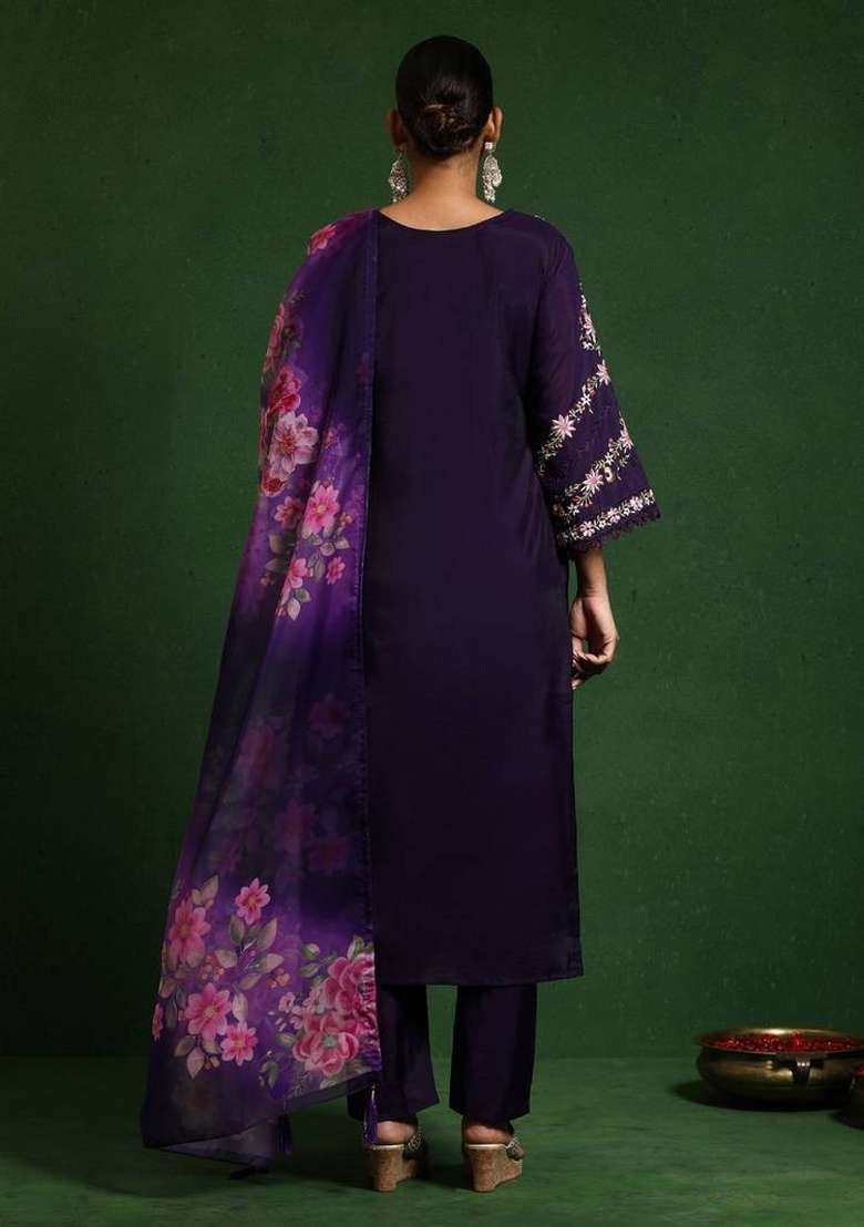 Purple Embroidery Cotton Kurta Set - Indya