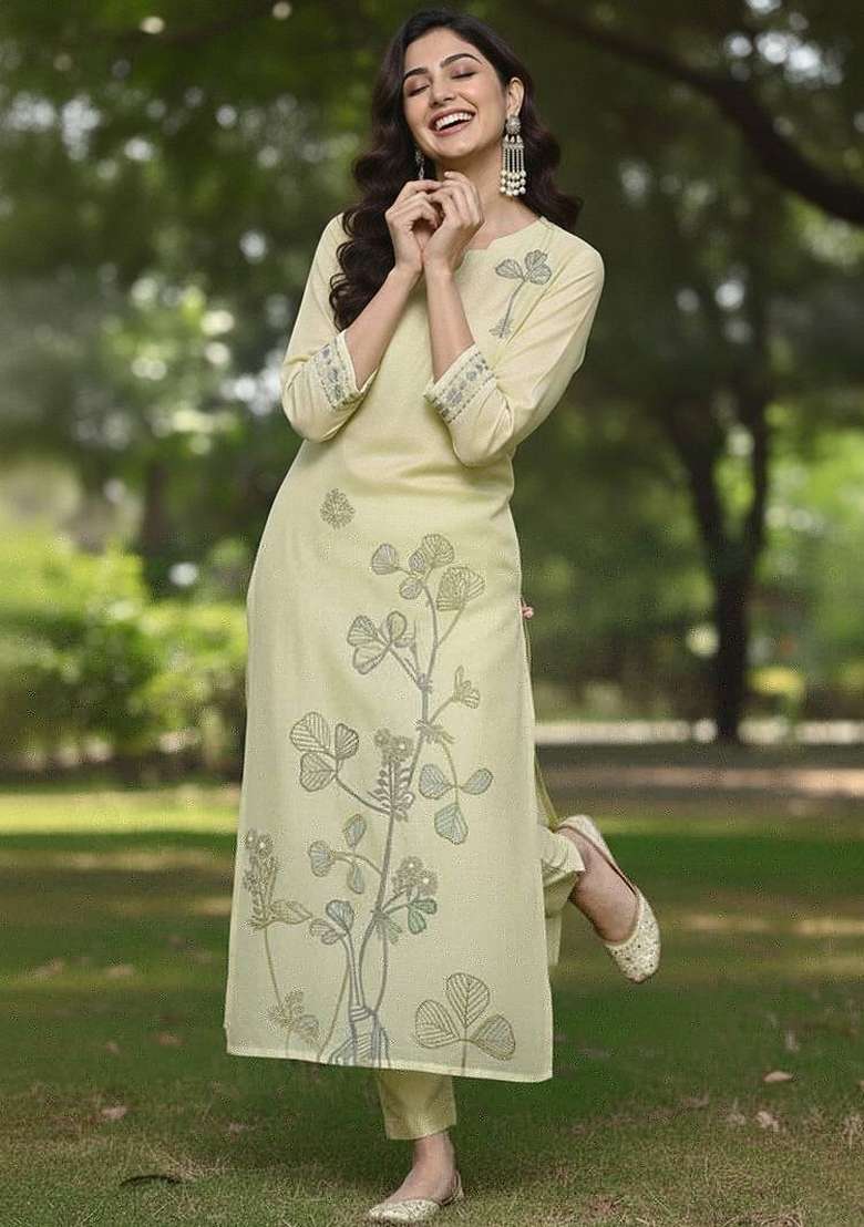 Olive Embroidery Cotton Kurta Set - Indya