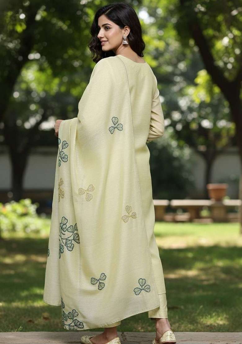Olive Embroidery Cotton Kurta Set - Indya