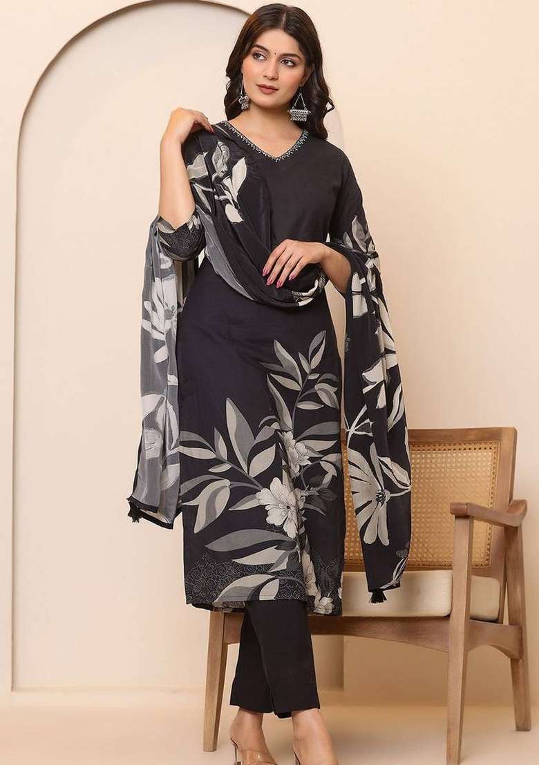 Black Printed Cotton Kurta Set - Indya