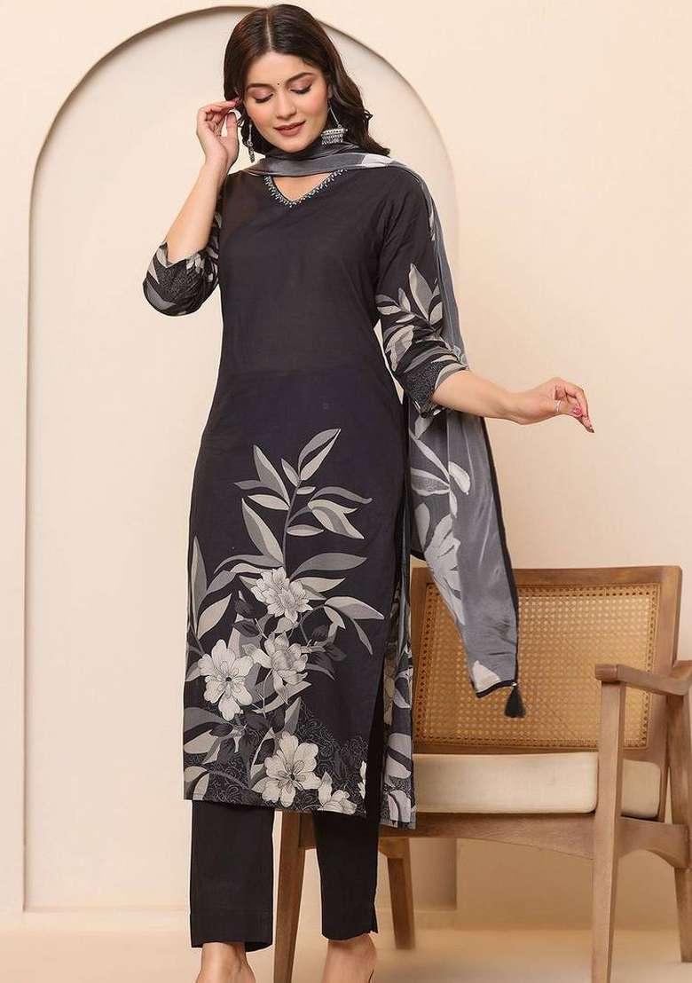 Black Printed Cotton Kurta Set - Indya