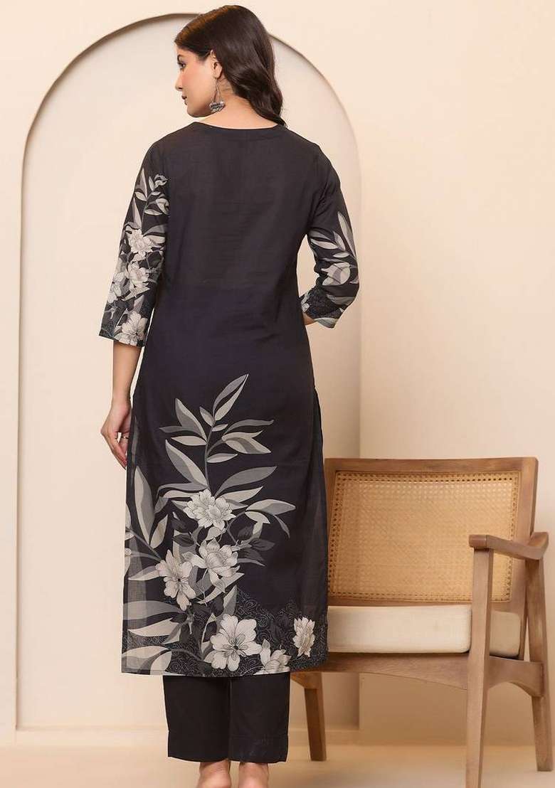 Black Printed Cotton Kurta Set - Indya