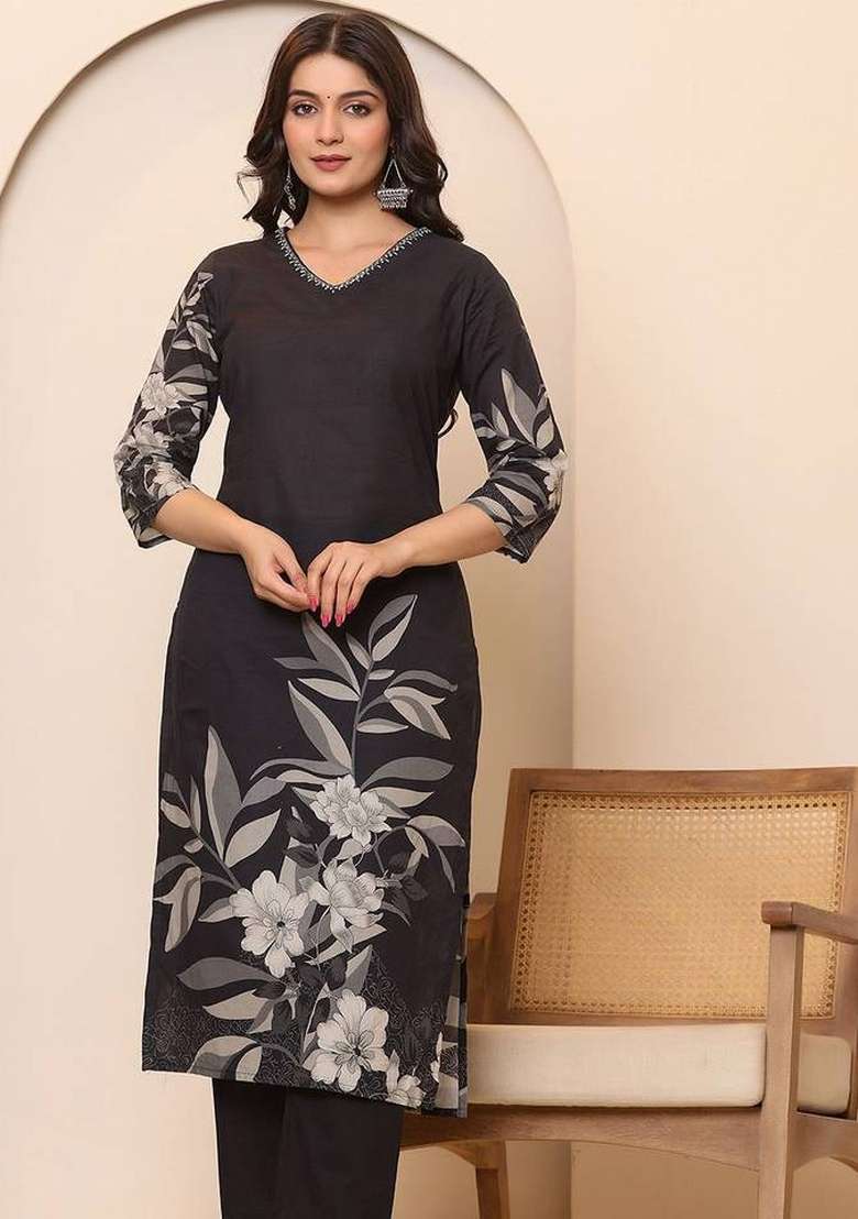Black Printed Cotton Kurta Set - Indya
