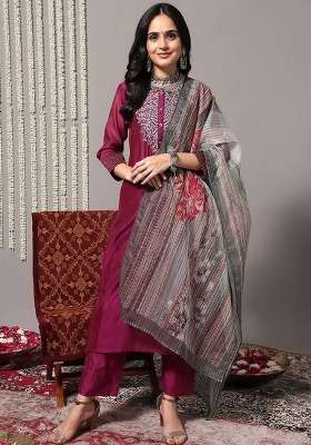 Magenta Embroidery Silk Kurta Set